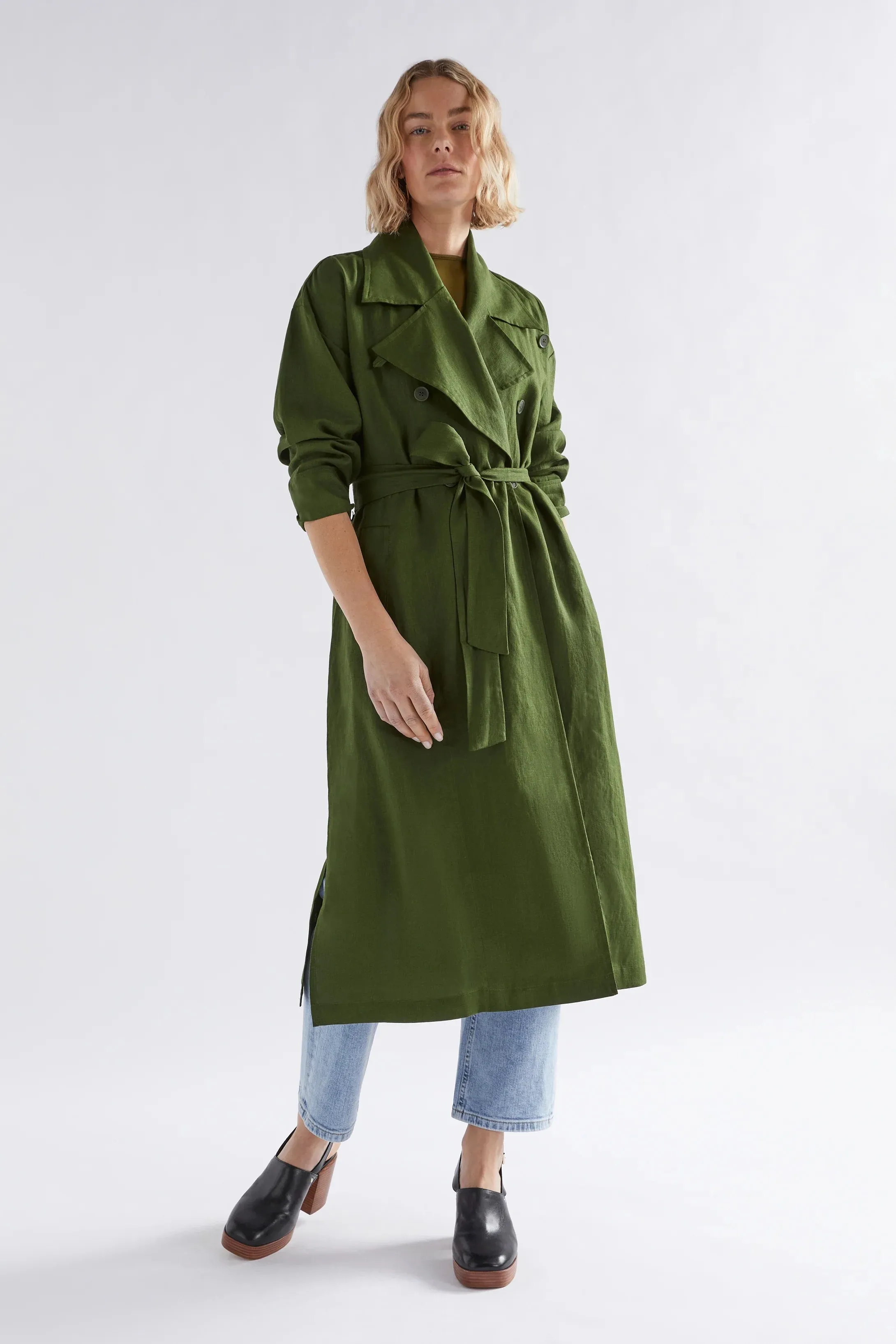 ANNELI LINEN TRENCH COAT - Olive