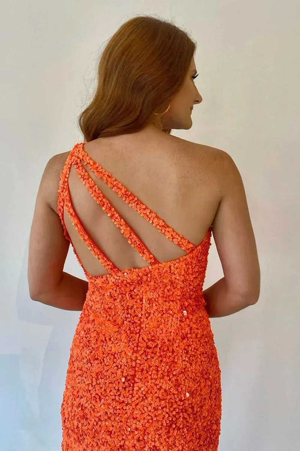 Bodycon One Shoulder Orange Sequins Short Tight Homecoming Dresses VK23062905