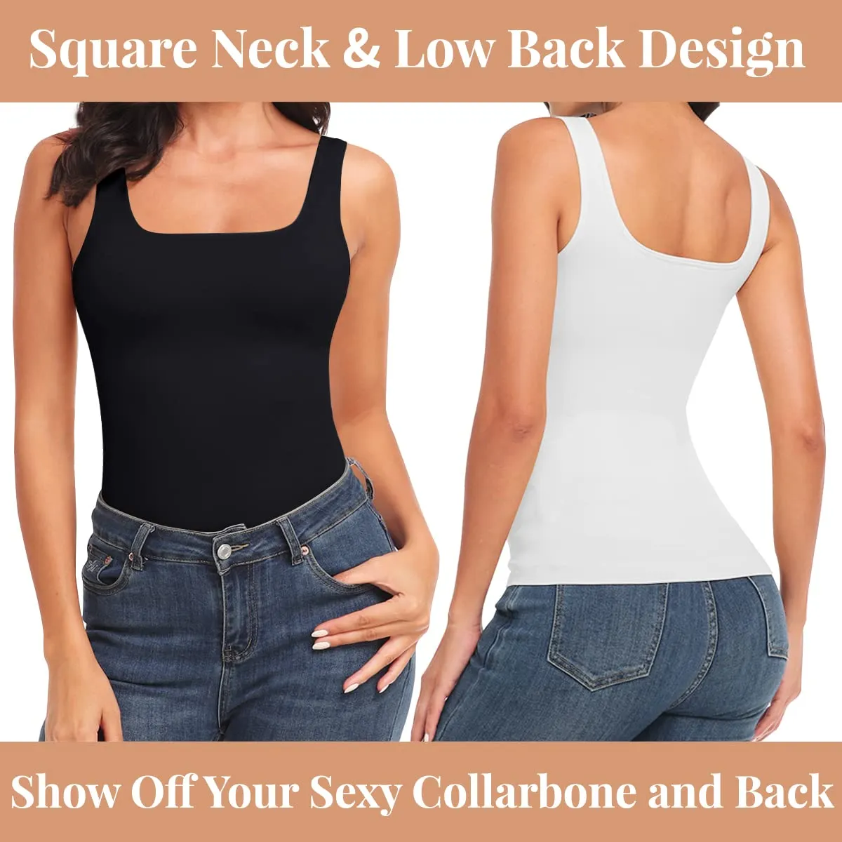 EUYZOU Women's 3PK Tummy Control Shapewear Tank Tops Seamless Square Neck Compression Tops Slimming Body Shaper Camisole-Black XL