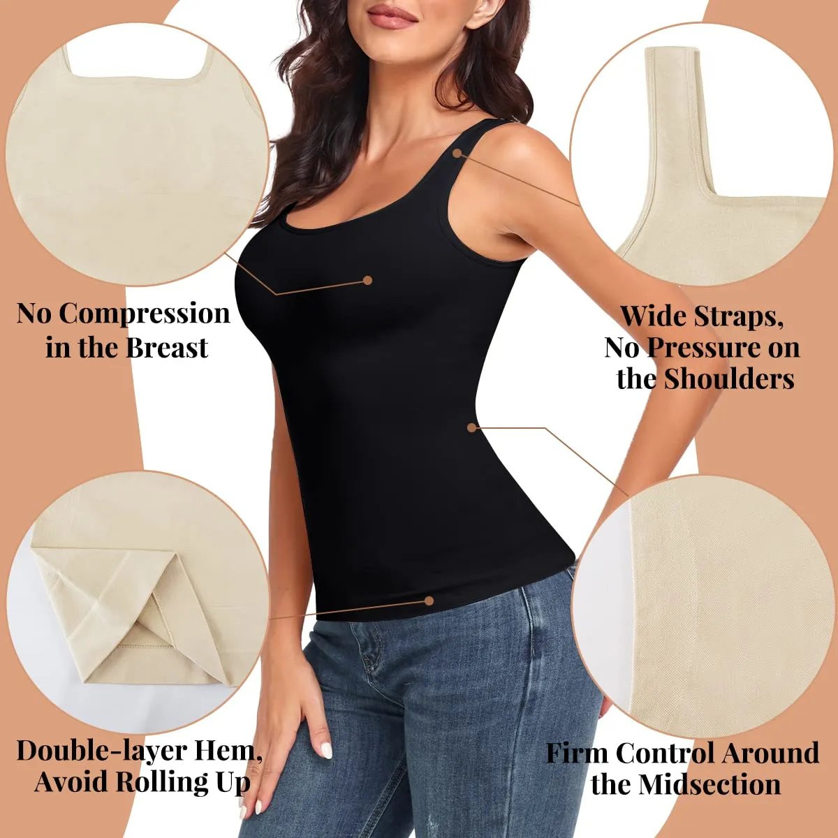 EUYZOU Women's 3PK Tummy Control Shapewear Tank Tops Seamless Square Neck Compression Tops Slimming Body Shaper Camisole-Black XL