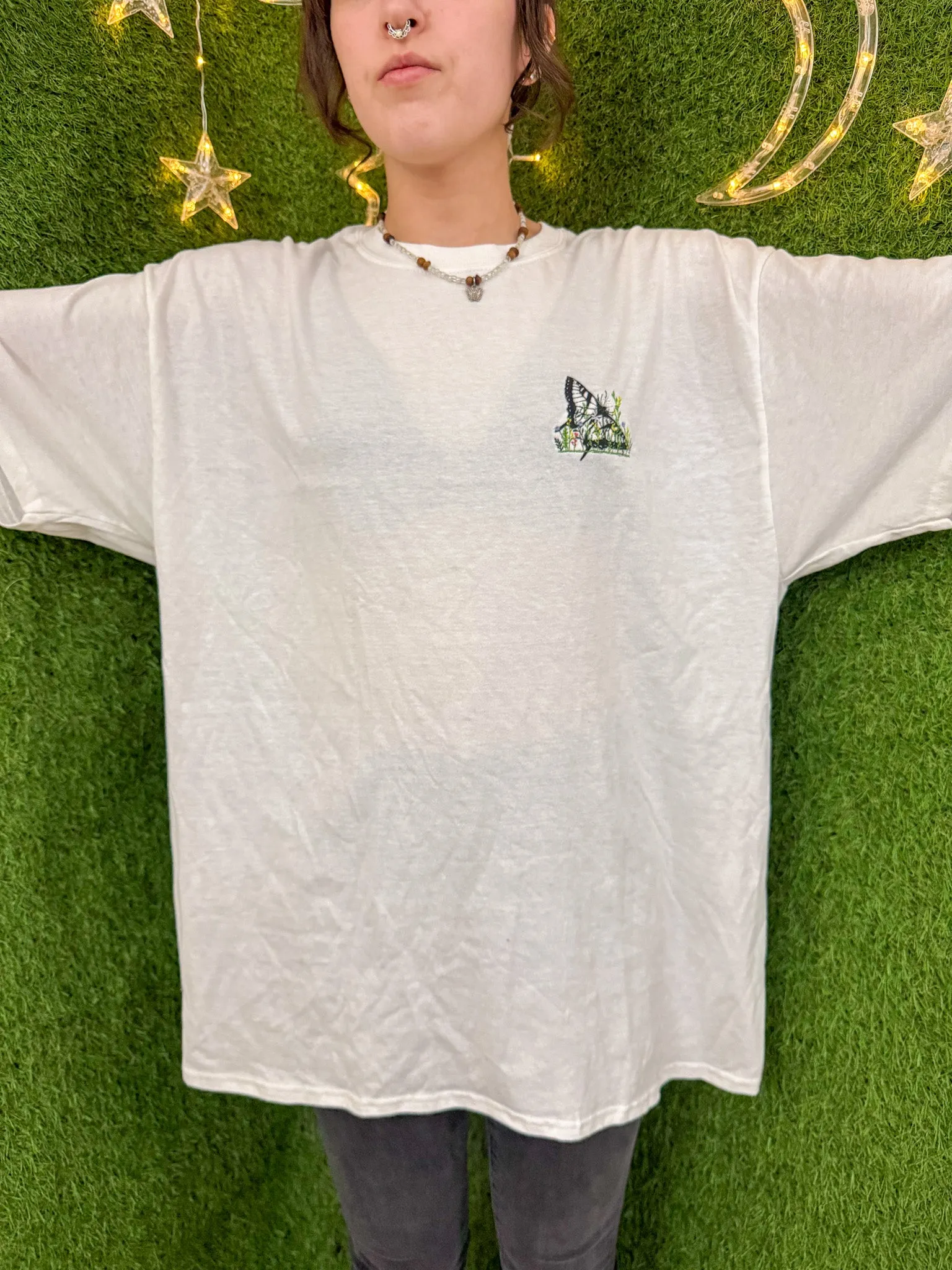 Floral Butterfly White T-Shirt XL