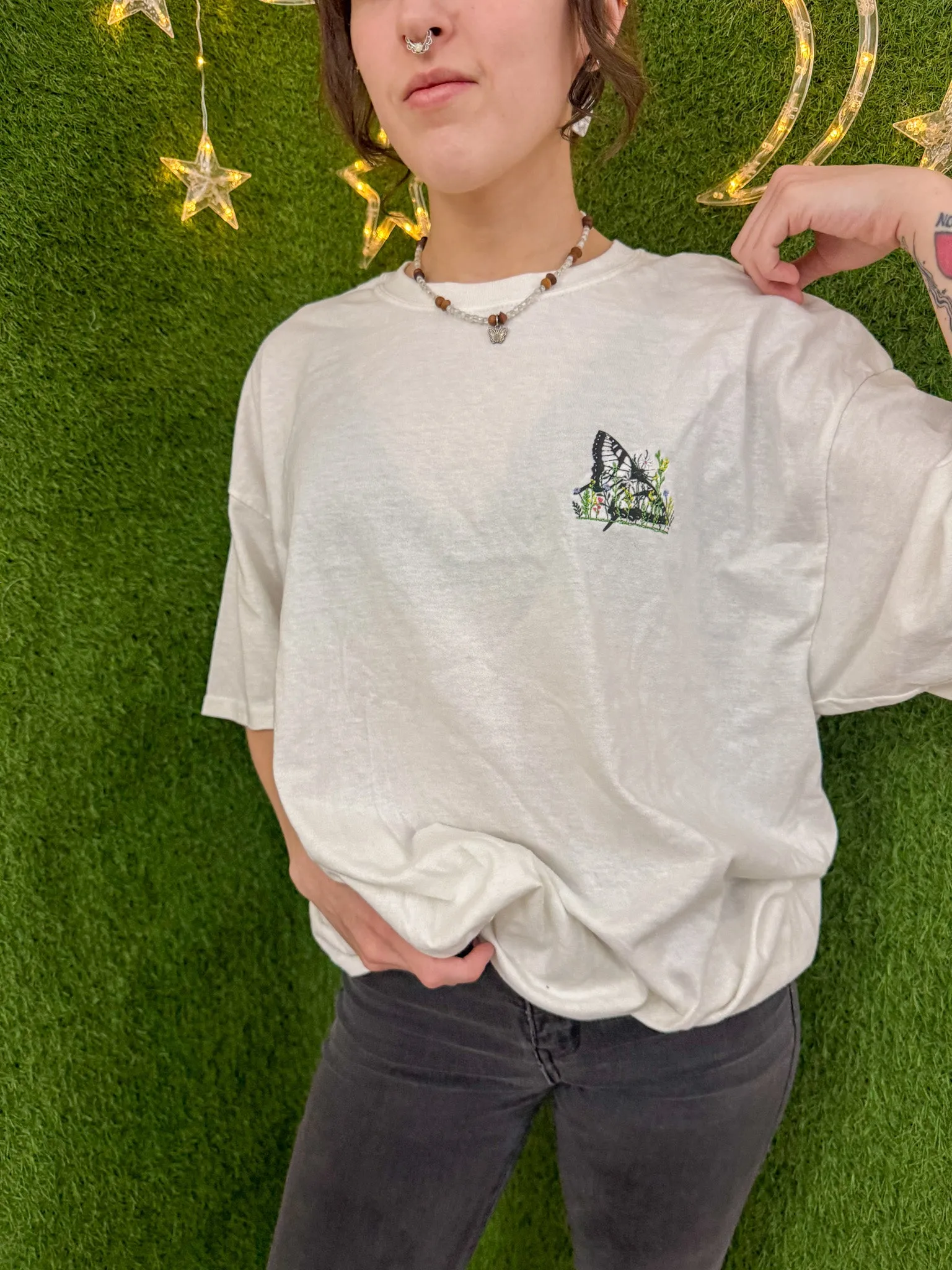 Floral Butterfly White T-Shirt XL