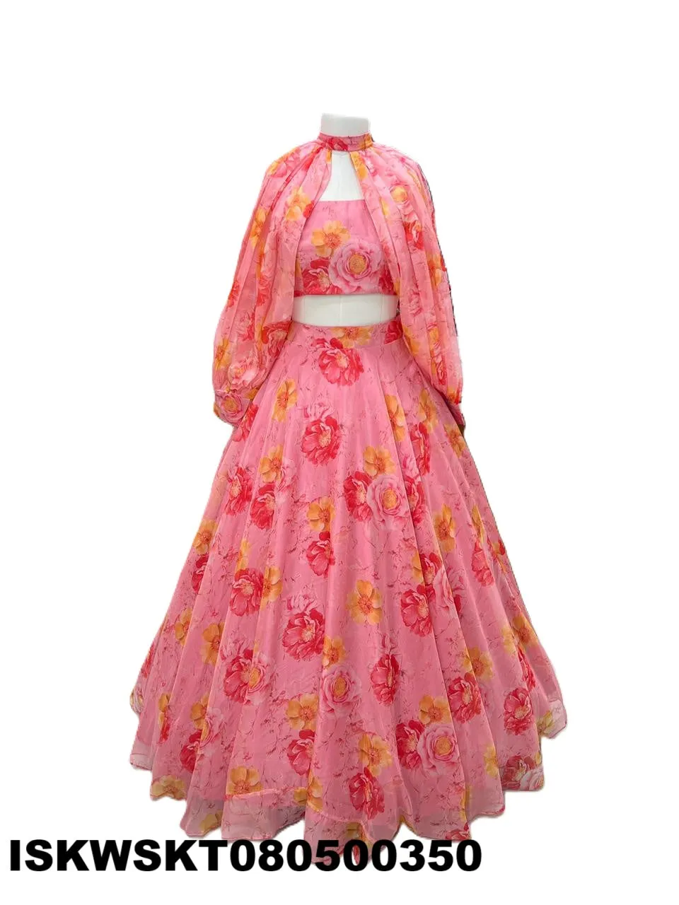 Floral Printed Organza Skirt With Tabby Organza Silk Blouse-ISKWSKT080500350