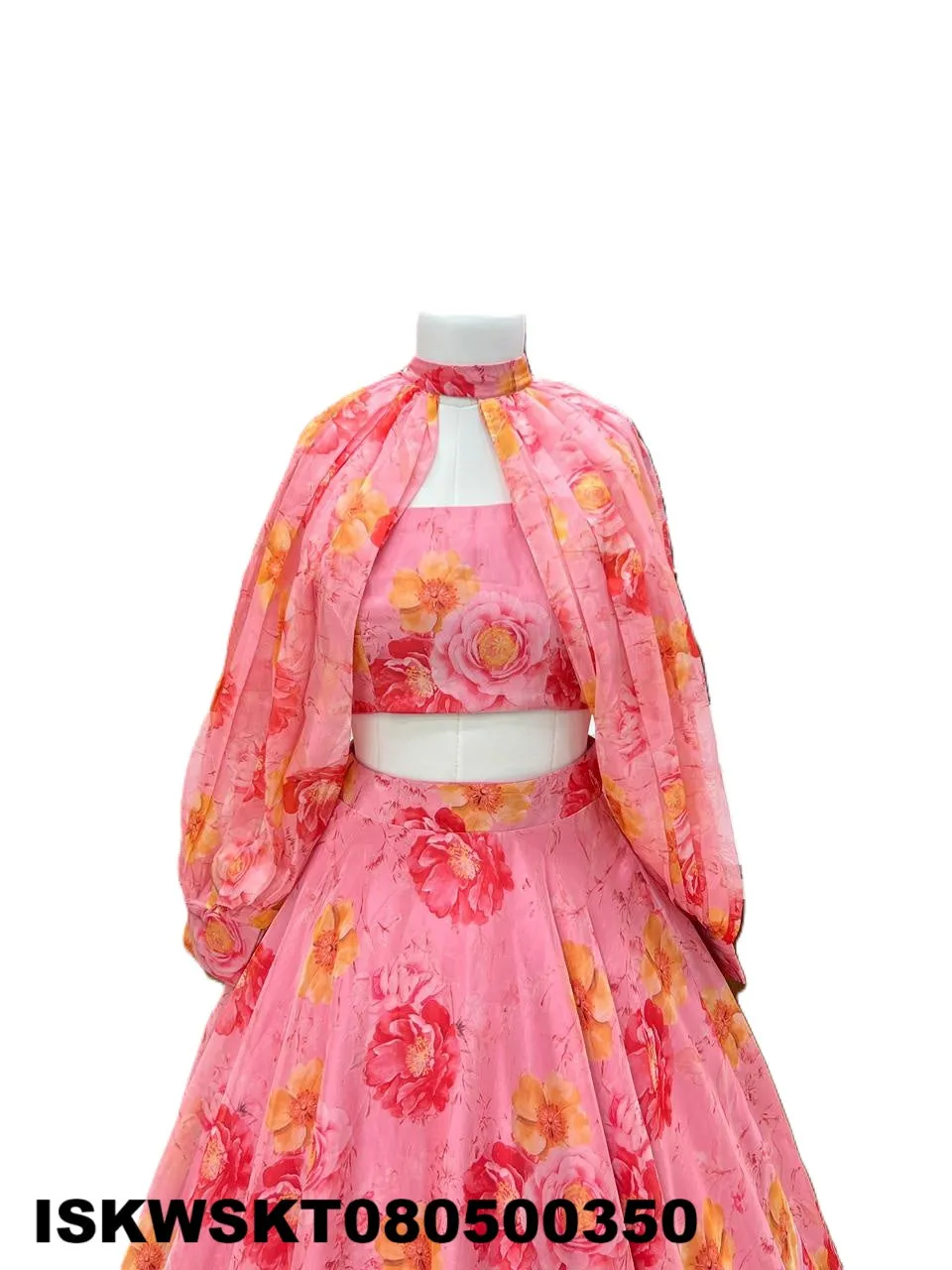Floral Printed Organza Skirt With Tabby Organza Silk Blouse-ISKWSKT080500350