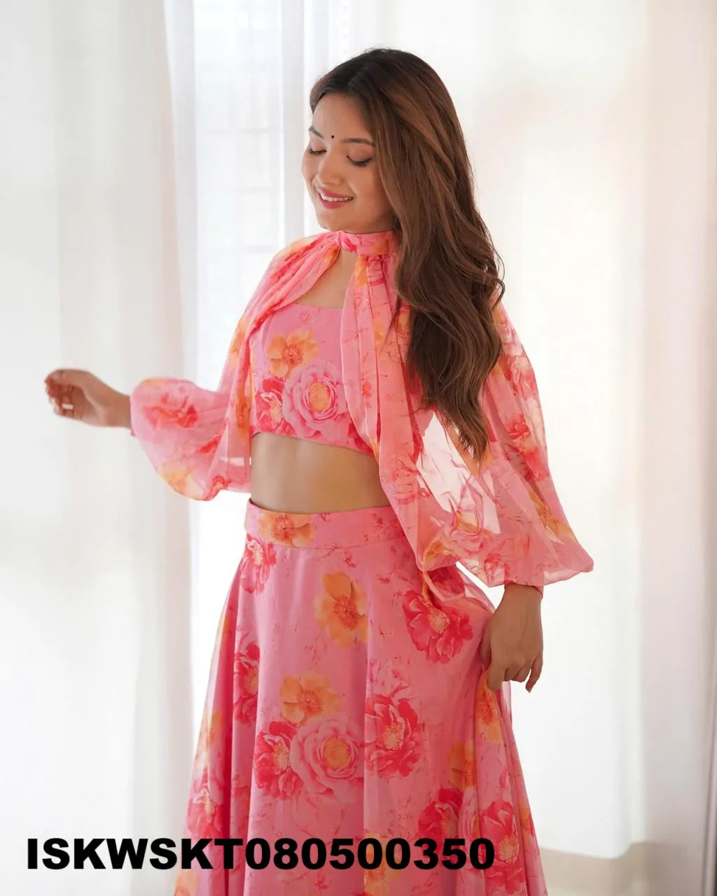 Floral Printed Organza Skirt With Tabby Organza Silk Blouse-ISKWSKT080500350