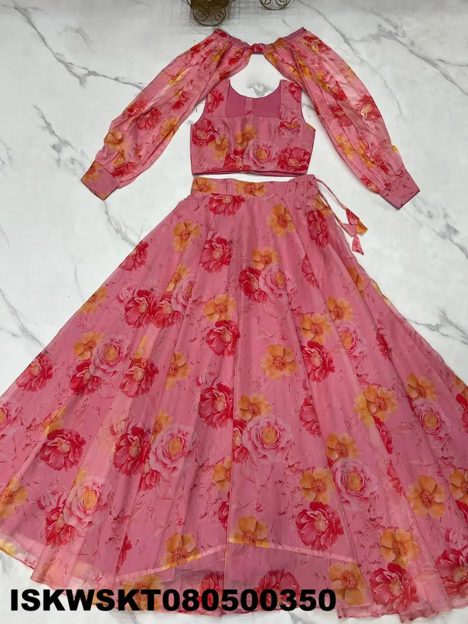 Floral Printed Organza Skirt With Tabby Organza Silk Blouse-ISKWSKT080500350