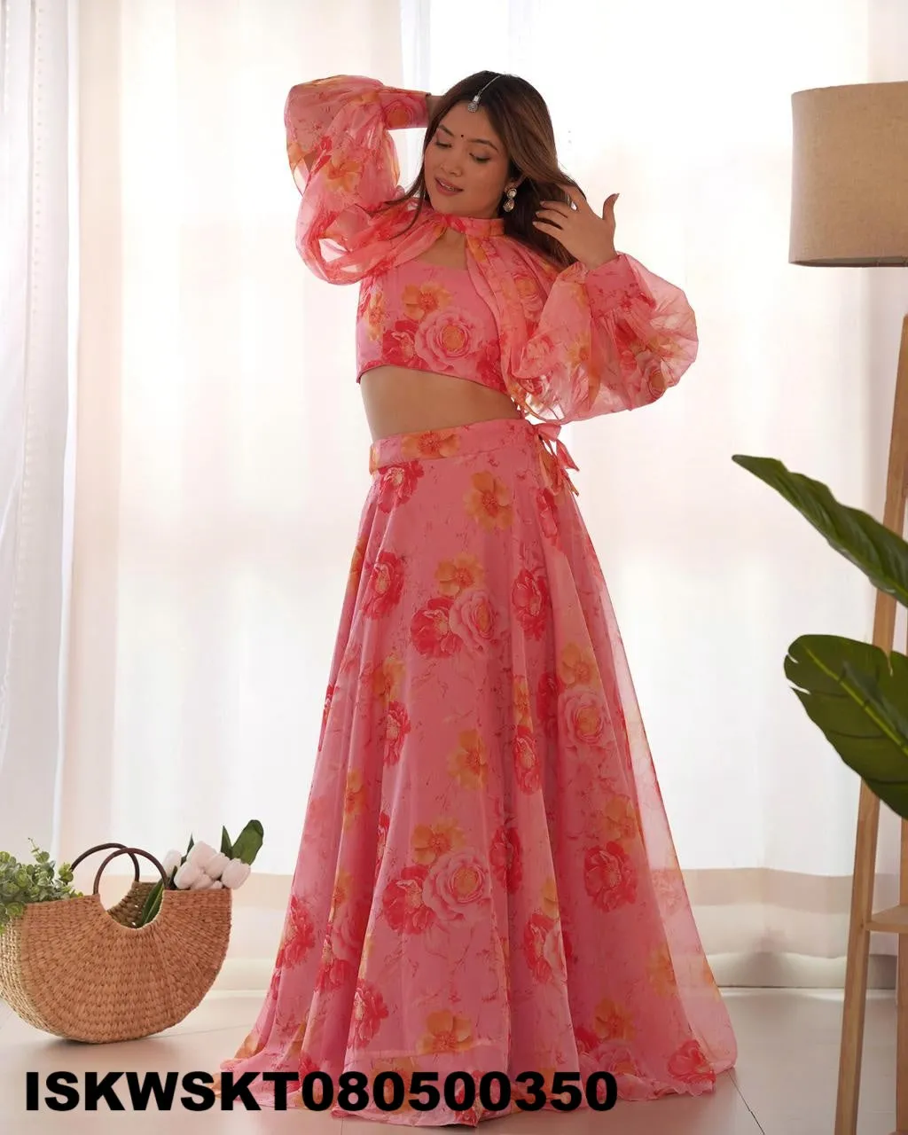 Floral Printed Organza Skirt With Tabby Organza Silk Blouse-ISKWSKT080500350