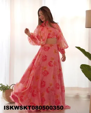 Floral Printed Organza Skirt With Tabby Organza Silk Blouse-ISKWSKT080500350