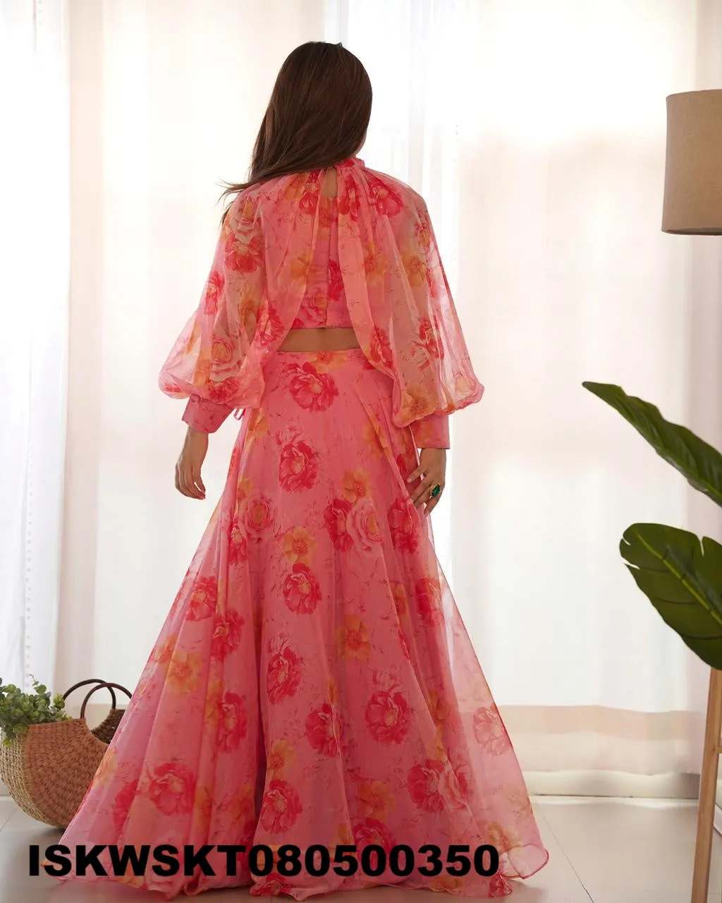 Floral Printed Organza Skirt With Tabby Organza Silk Blouse-ISKWSKT080500350