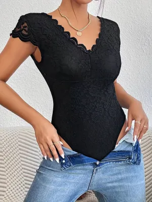 Lace Shaping Bodysuit Scallop Trim VNeck Slimming Body Shaper