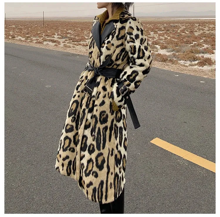 Long Leopard Print Warm Fluffy Faux Fur Trench Coat