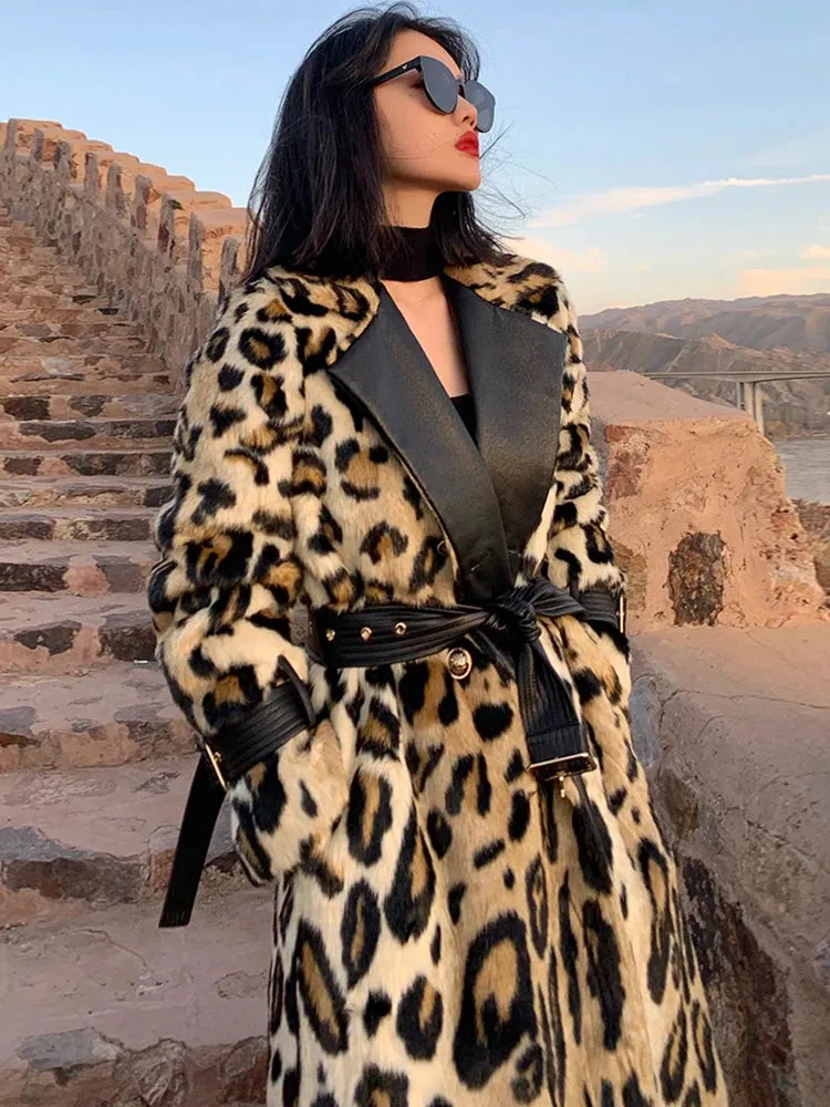Long Leopard Print Warm Fluffy Faux Fur Trench Coat