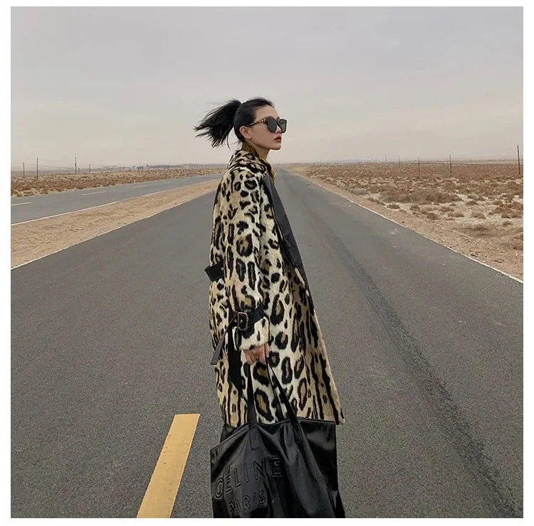 Long Leopard Print Warm Fluffy Faux Fur Trench Coat