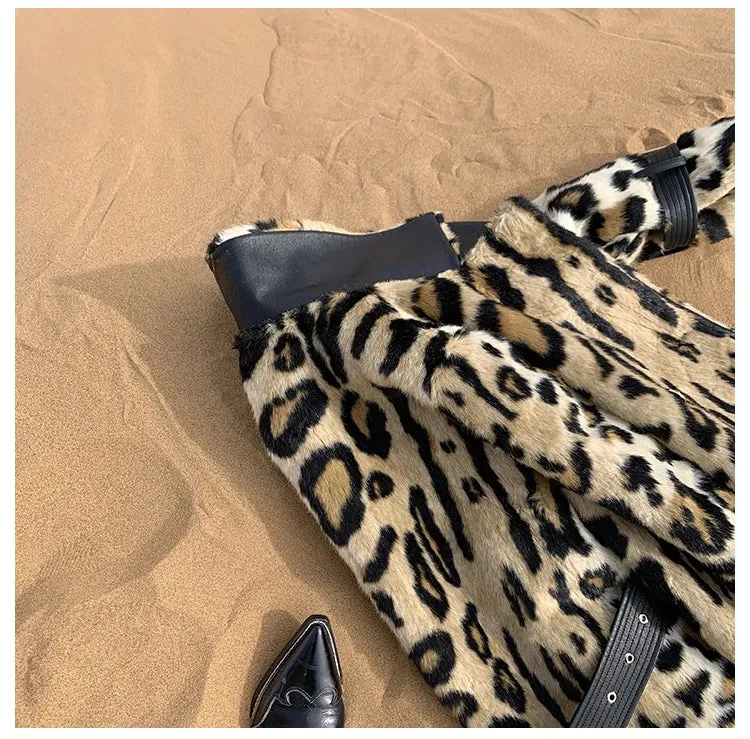 Long Leopard Print Warm Fluffy Faux Fur Trench Coat