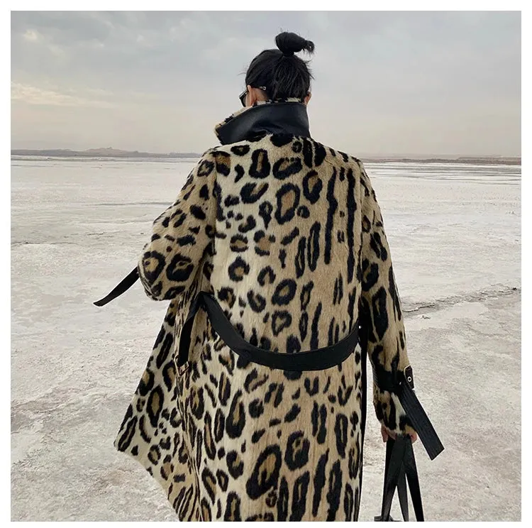 Long Leopard Print Warm Fluffy Faux Fur Trench Coat