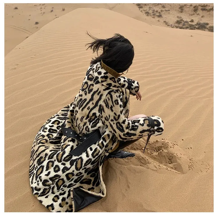 Long Leopard Print Warm Fluffy Faux Fur Trench Coat