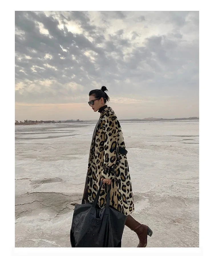 Long Leopard Print Warm Fluffy Faux Fur Trench Coat