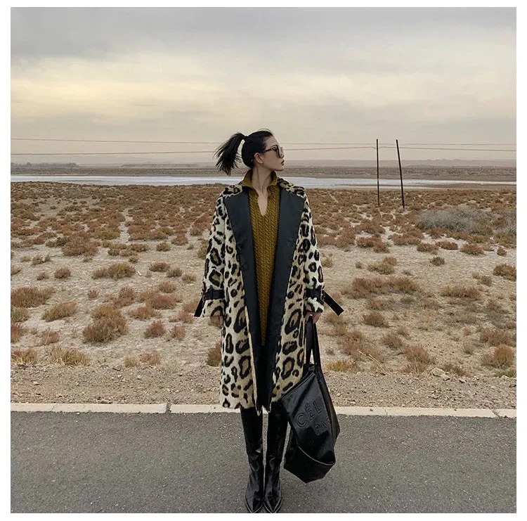 Long Leopard Print Warm Fluffy Faux Fur Trench Coat