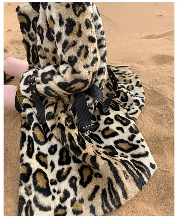 Long Leopard Print Warm Fluffy Faux Fur Trench Coat