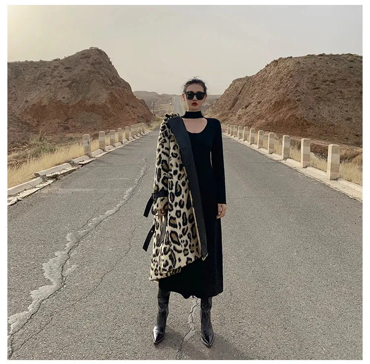Long Leopard Print Warm Fluffy Faux Fur Trench Coat