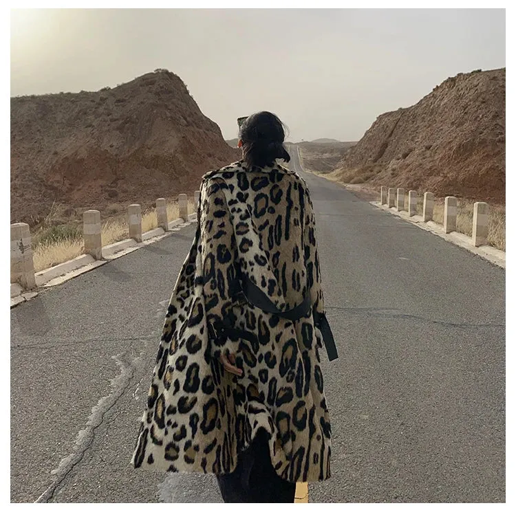 Long Leopard Print Warm Fluffy Faux Fur Trench Coat