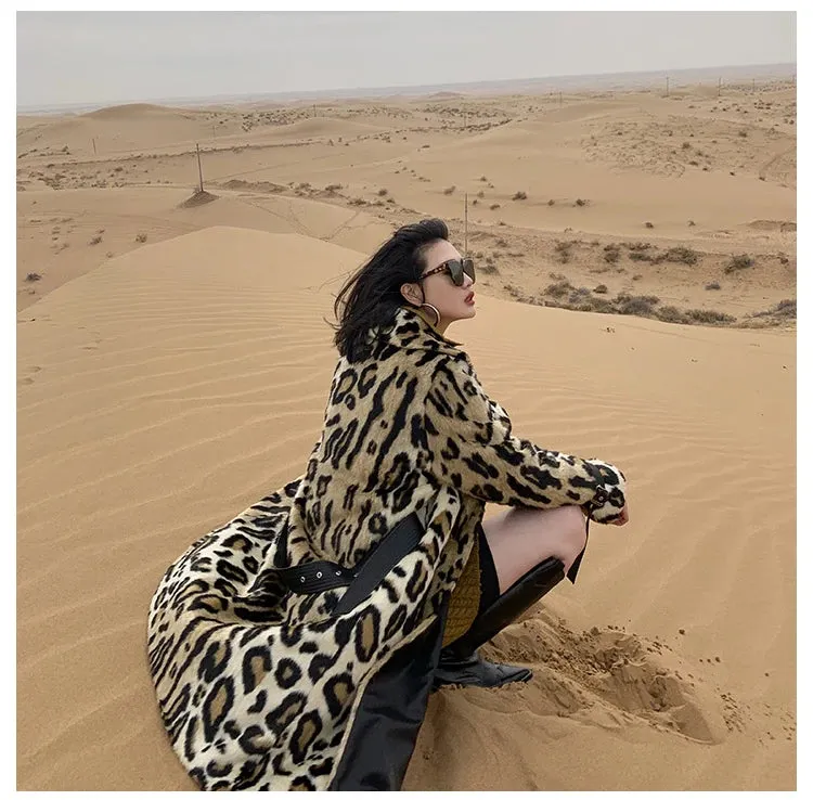 Long Leopard Print Warm Fluffy Faux Fur Trench Coat