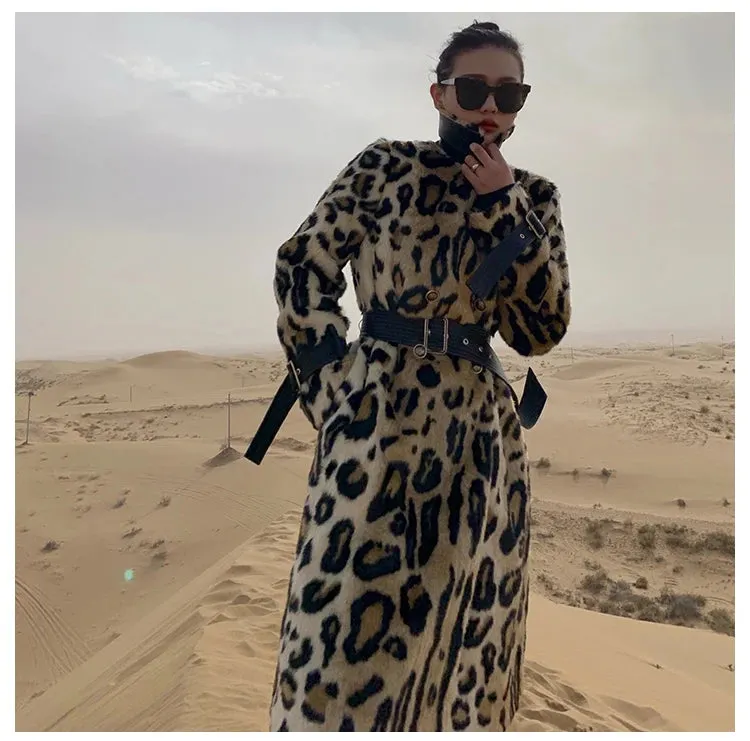Long Leopard Print Warm Fluffy Faux Fur Trench Coat