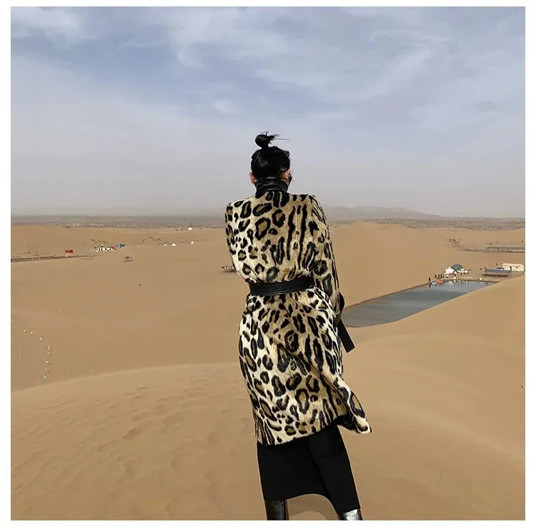Long Leopard Print Warm Fluffy Faux Fur Trench Coat