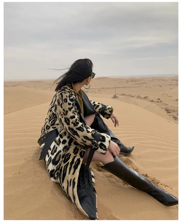 Long Leopard Print Warm Fluffy Faux Fur Trench Coat