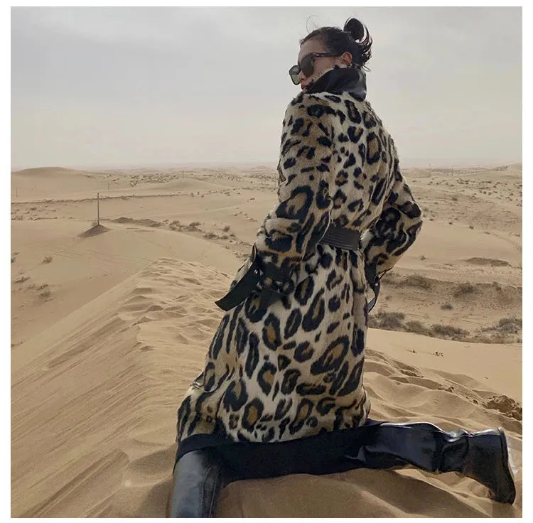 Long Leopard Print Warm Fluffy Faux Fur Trench Coat