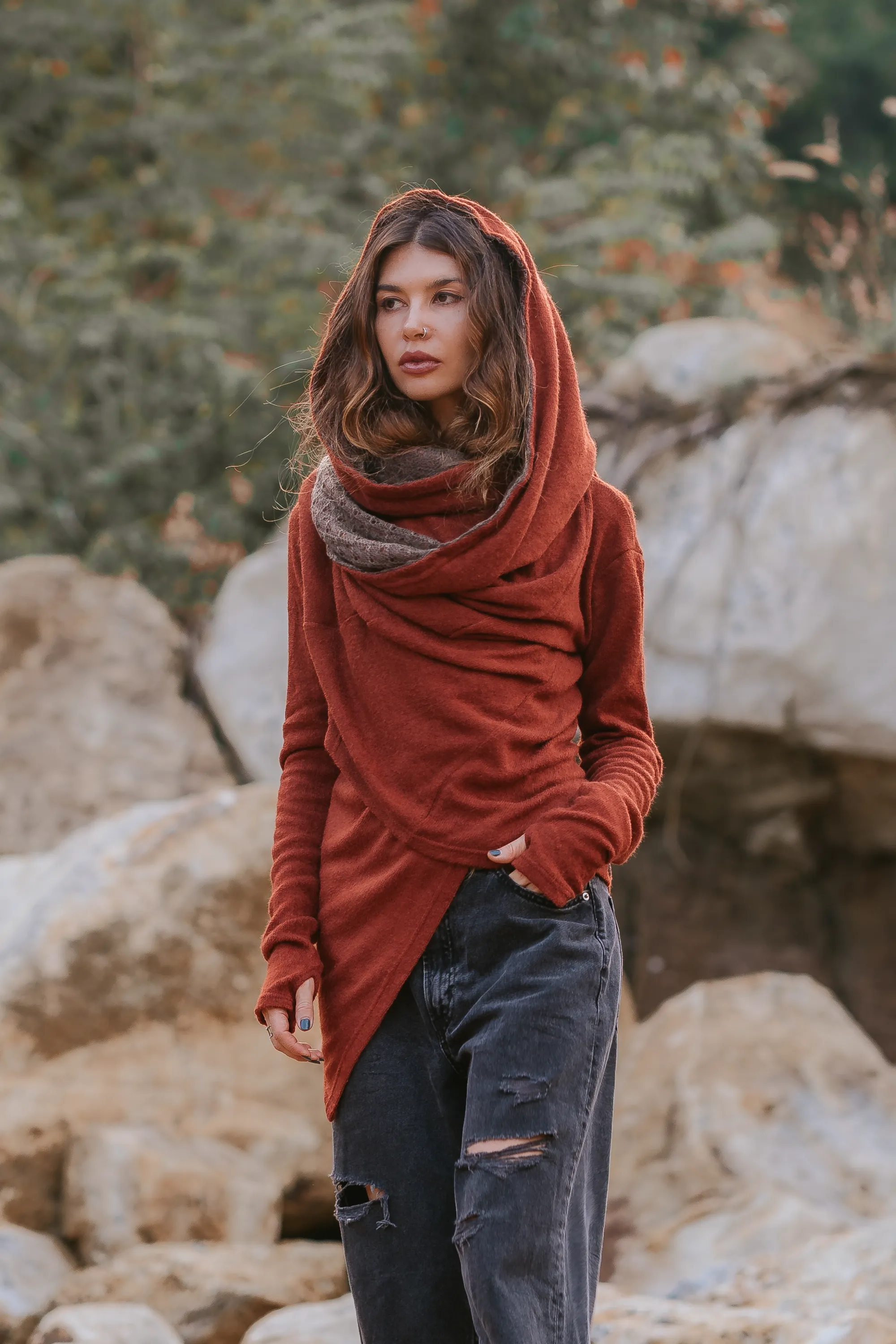 Nyx Hooded Sweater Cardigan Brick