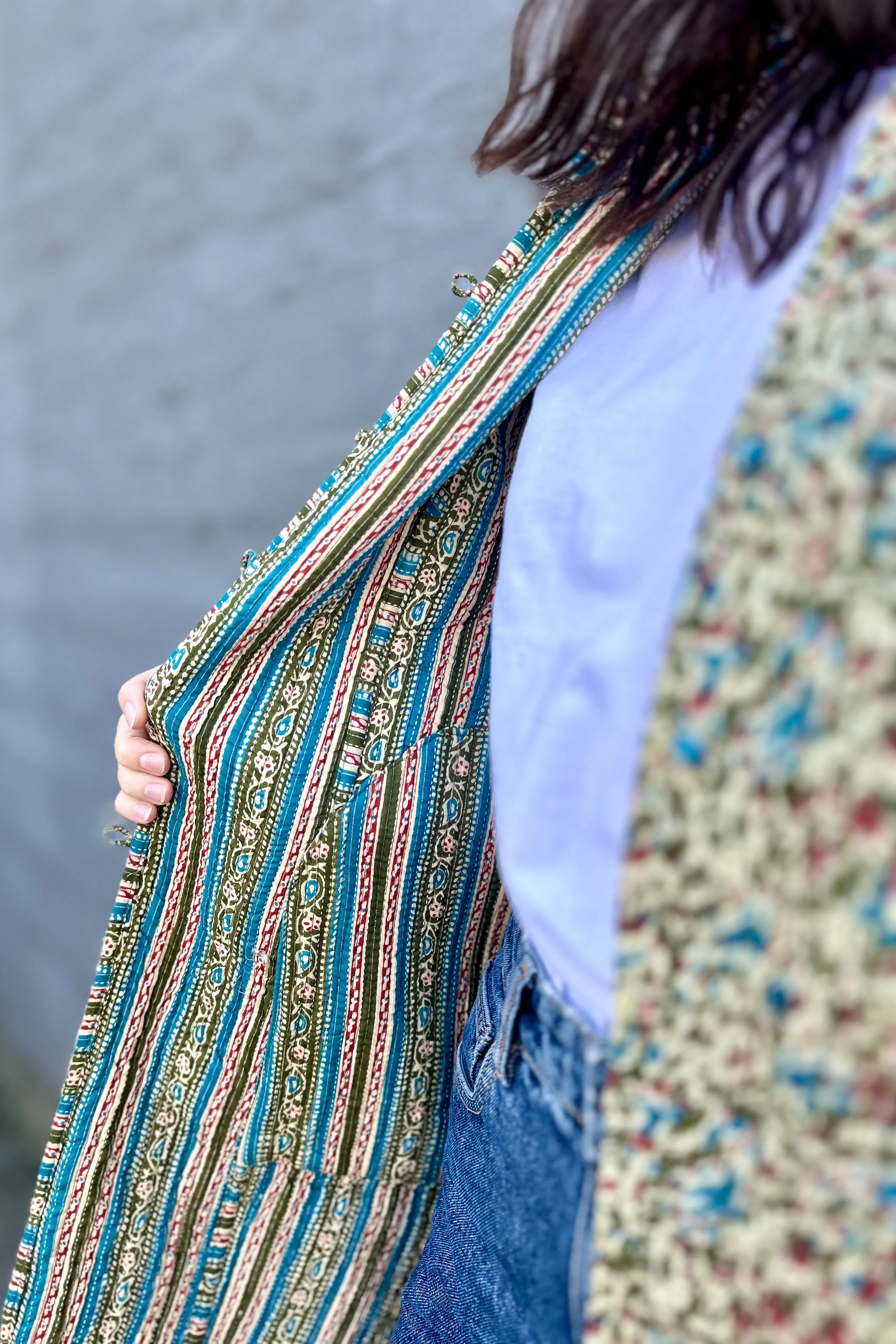 Quilted Cotton Coat In Olive & Rust Floral