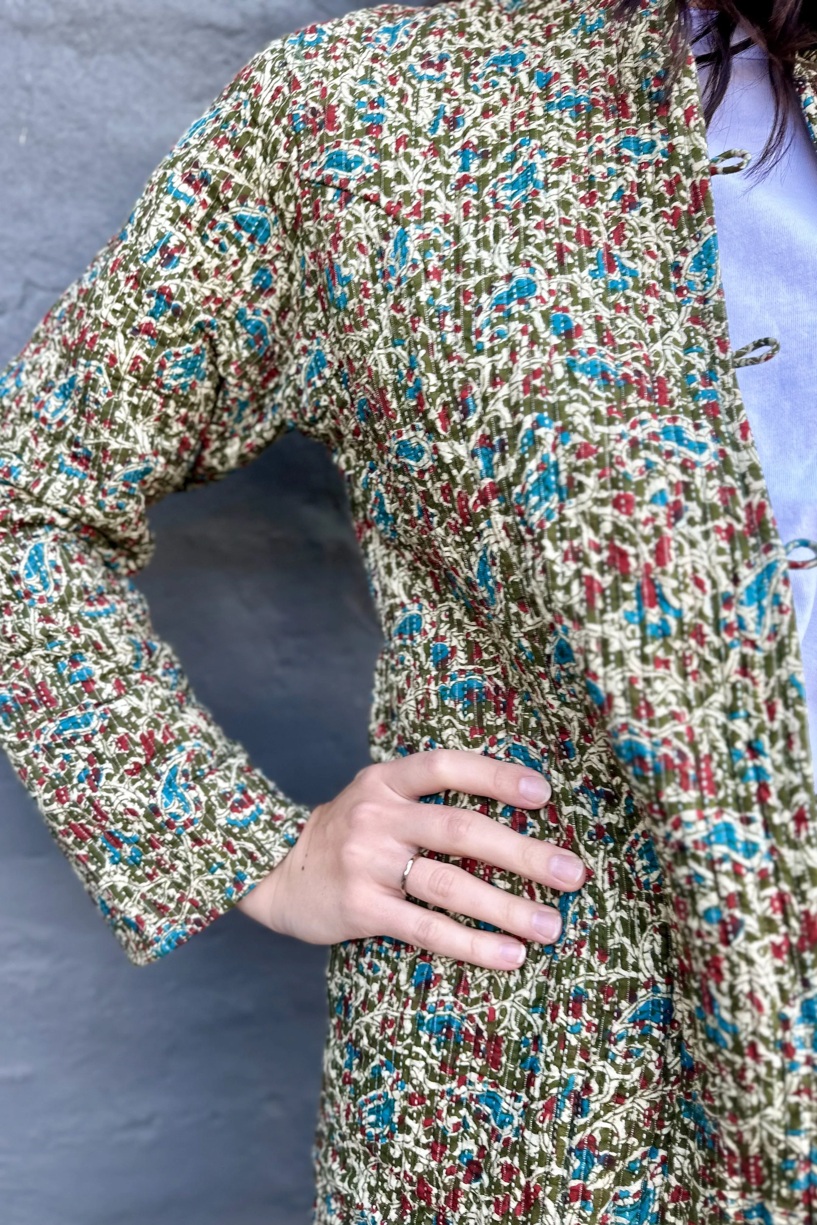 Quilted Cotton Coat In Olive & Rust Floral