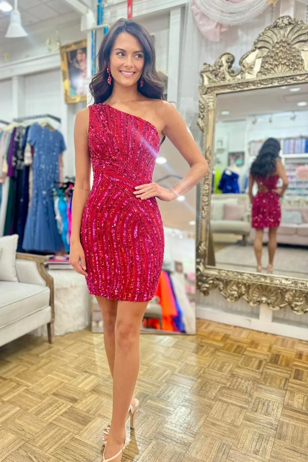 Sparkly Bodycon One Shoulder Red Sequins Homecoming Dresses VK24081301