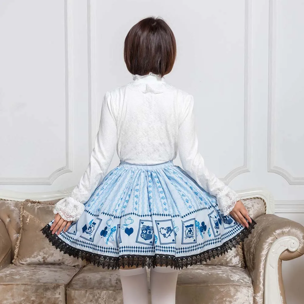 Sweet Mori Girl Light Sky Blue Poker Card Printed Short Skirt for Summer
